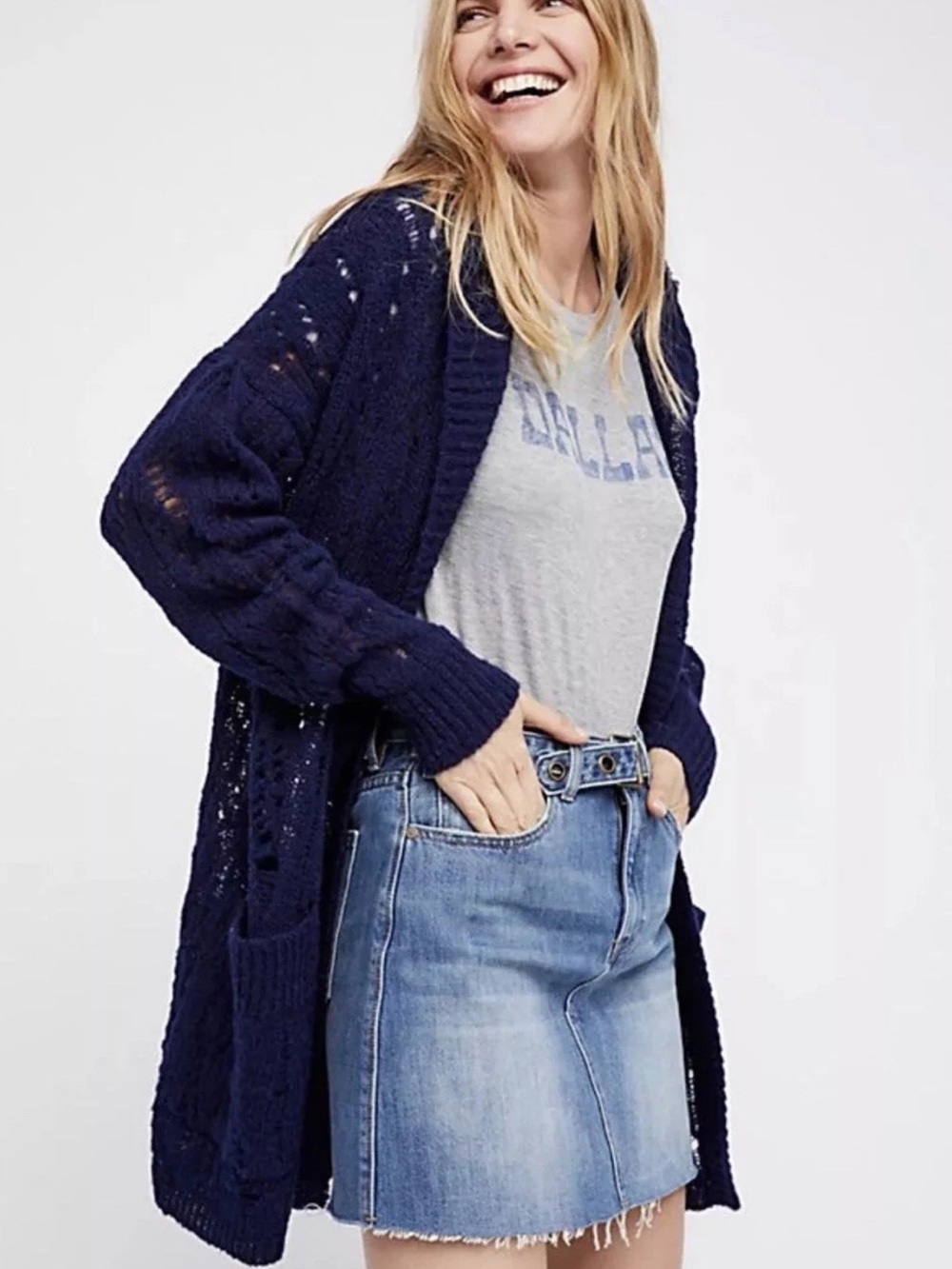 Free people Lemon drop Navy Open-Front Knit Cardigan Sweater for Women